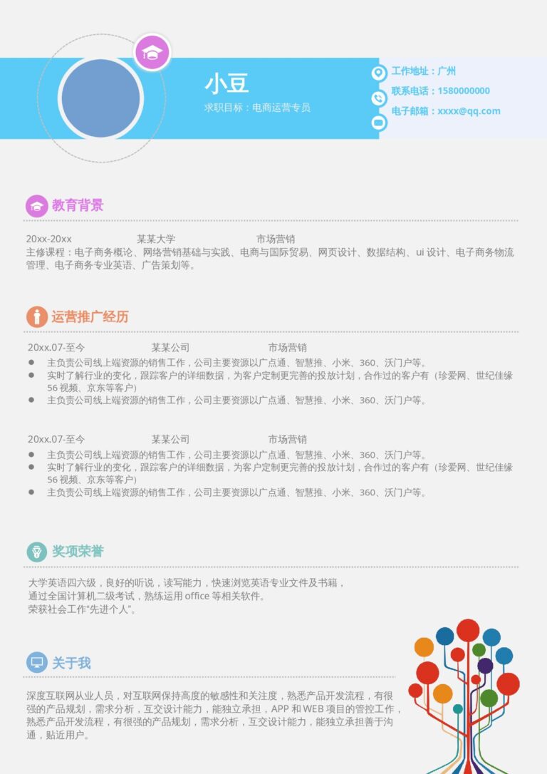 工作经历简历模板电商运营-单页078-多彩.docx