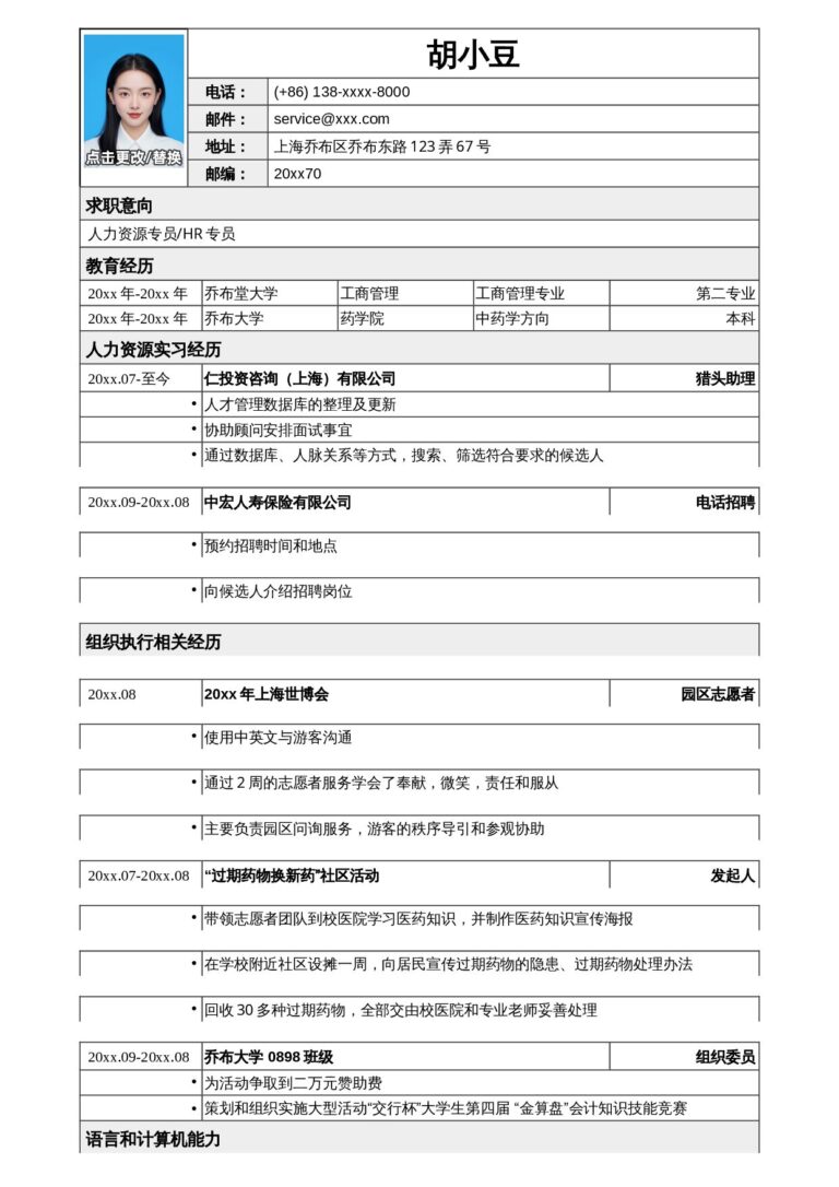 研究生简历模板应聘人力资源专员相关工作简历模板.docx