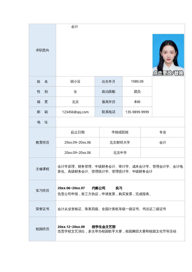 简历内容扩充模板会计-单页063-表格.docx