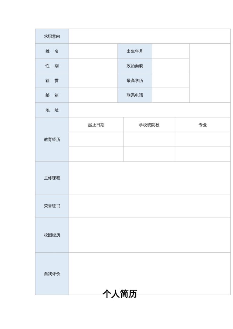 Word简历模板免费单页063-空白表格.docx